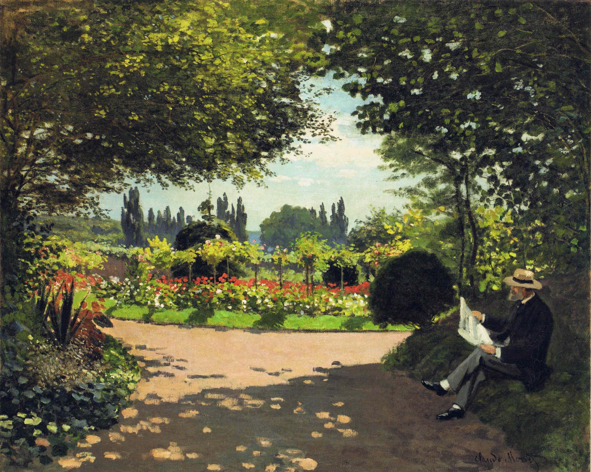 Adolphe Monet Reading in the Garden 1866